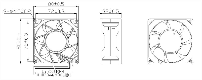 12v直流風扇8038安裝尺寸圖